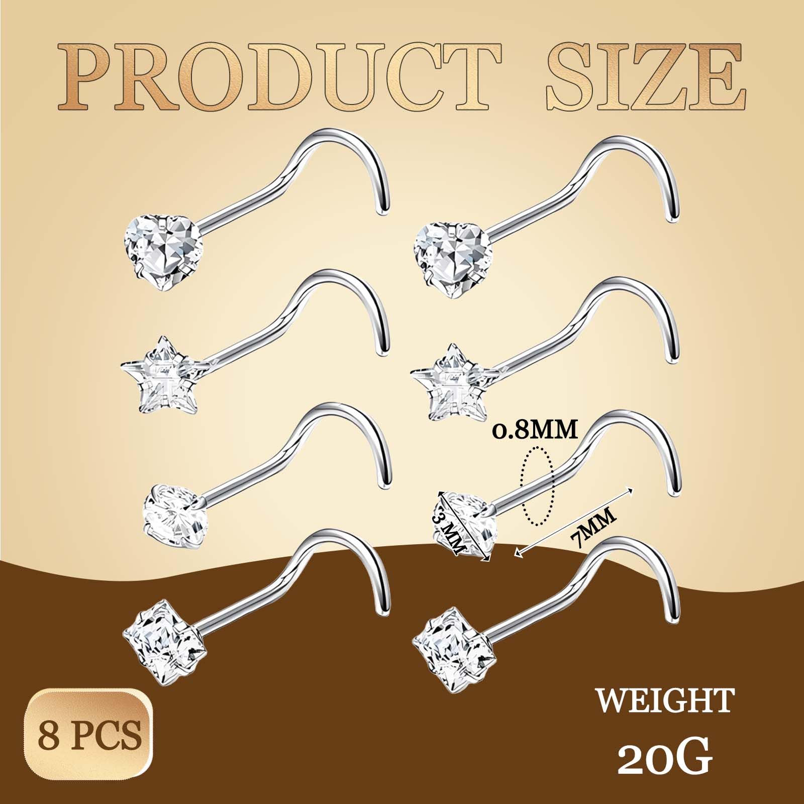 8PCS Silver Nose Studs, Stainless Steel Corkscrew Nose Piercings, Nose Piercing Jewellery with Small Size for Daily Wear Party Dating Suitable for Women Men Jewellery Piercing Accessories Lover — view 2