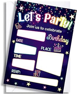 WorldBazaar Neon Birthday Invitations With Envelopes 20 Pack Let's Glow Theme Kids Birthday Party Invitation For Boys Girls Birthday Party Supplies