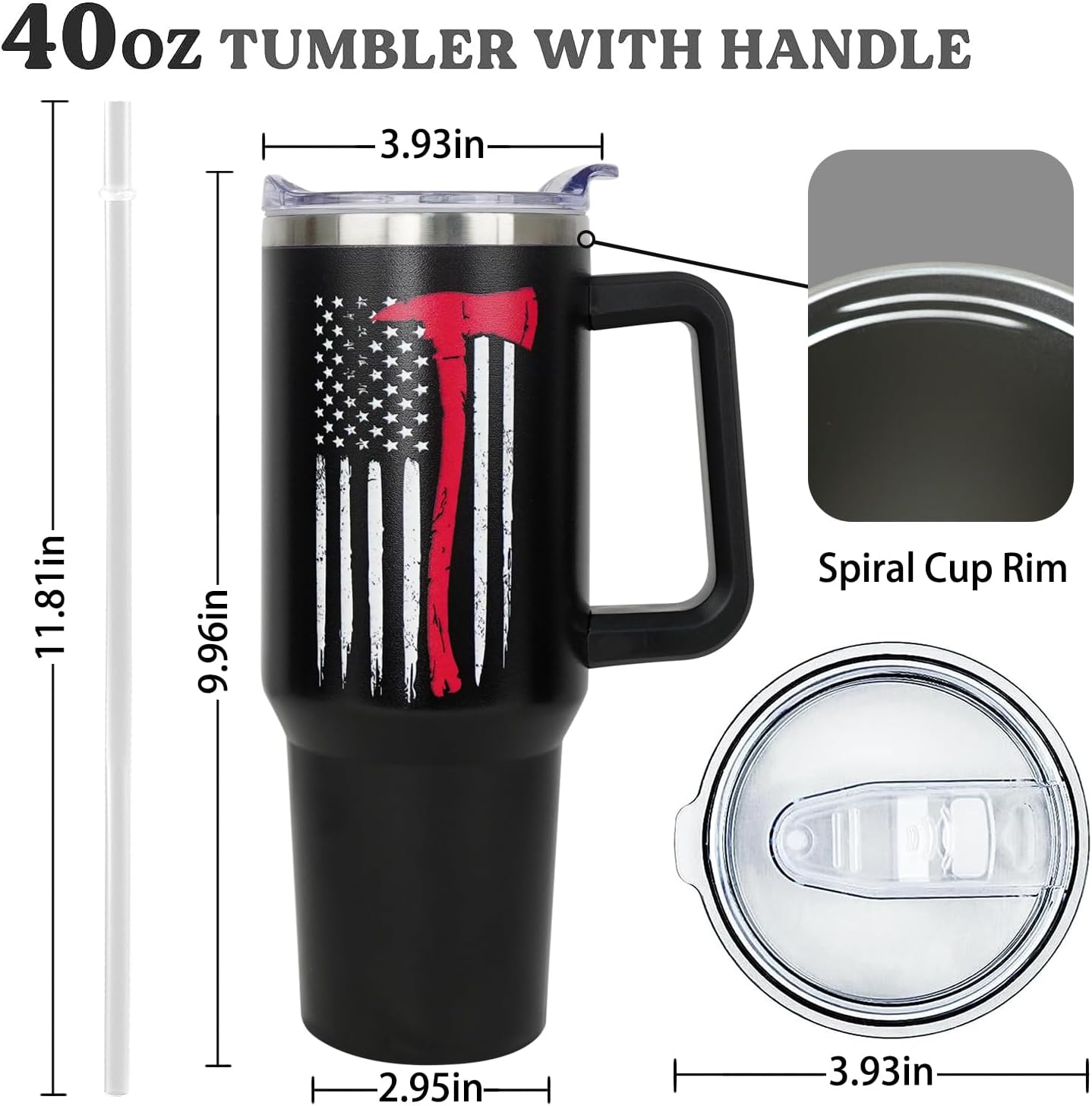 Firefighter Gifts For Men 40oz Fireman Tumbler with Handle, Coffee Cup Stainless Steel Travel Mugs,Thin Red Line Flag Design for Fireman,Firefighter Graduation Gifts,First Responder Birthday Gift - Image 6