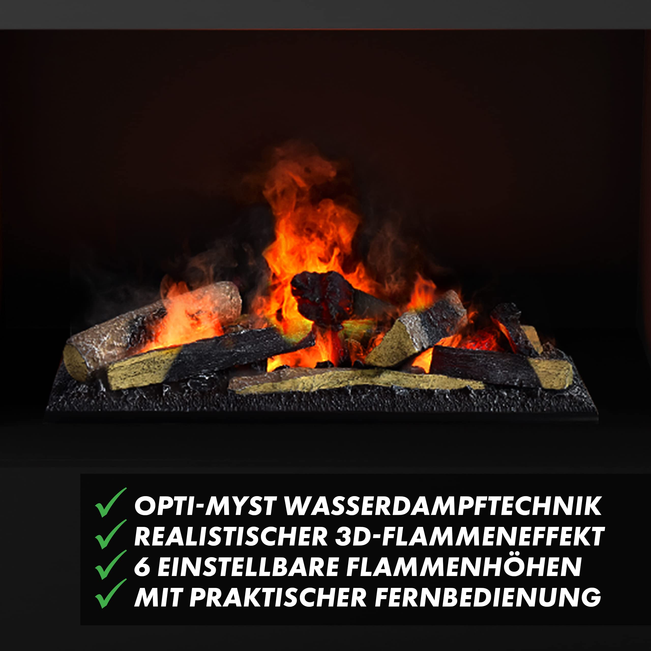 GLOW FIRE Kamin a vapore acqueo KANT - Caminetto elettrico con fiamme 3D LED realistiche, effetto crepitio, telecomando, 120x93x50 cm - Opti-Myst 600 con decoro in legno, Grigio