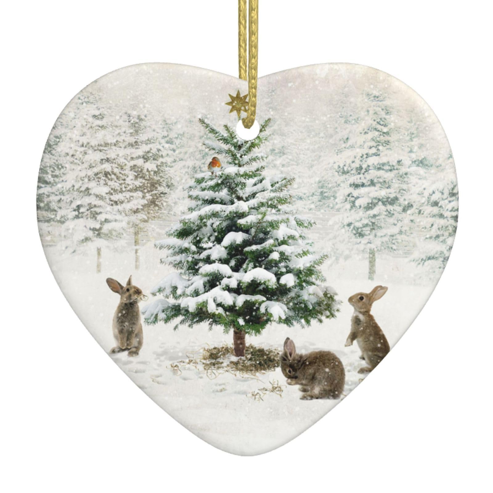 Rubbits and Xmas Tree Christmas Ornaments, Heart Shaped Ceramic Hanging Decoration, Christmas Tree Hanging Decoration, Home Party Decoration Holiday Decoration