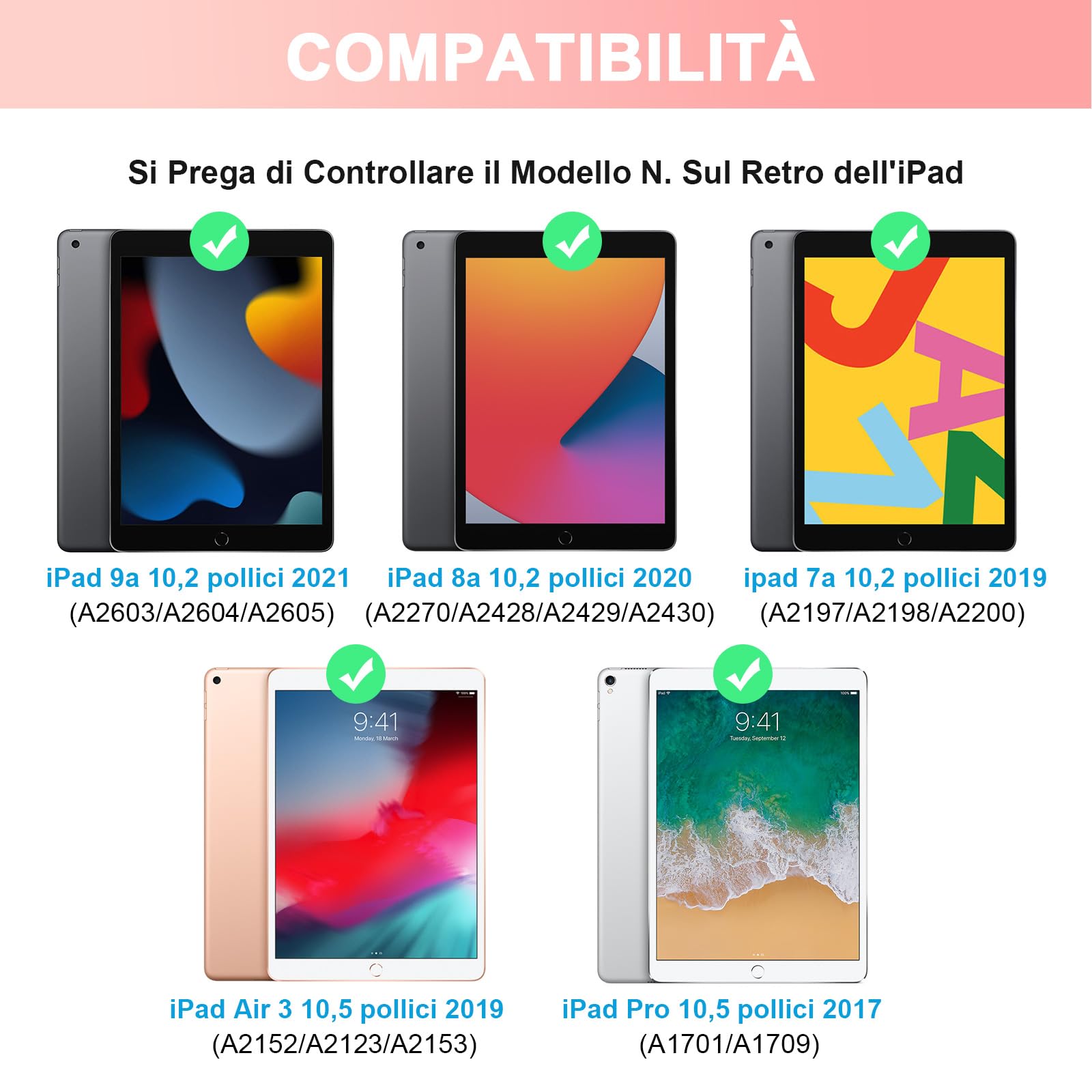 SOPPY Custodia Italiana Tastiera per iPad 9a/ 8a/ 7a Generazione/iPad Pro/Air 3a 10.5", Wireless Tastiera Staccabile, con Slot per Penna Stilo, Layout Italian - Rosa