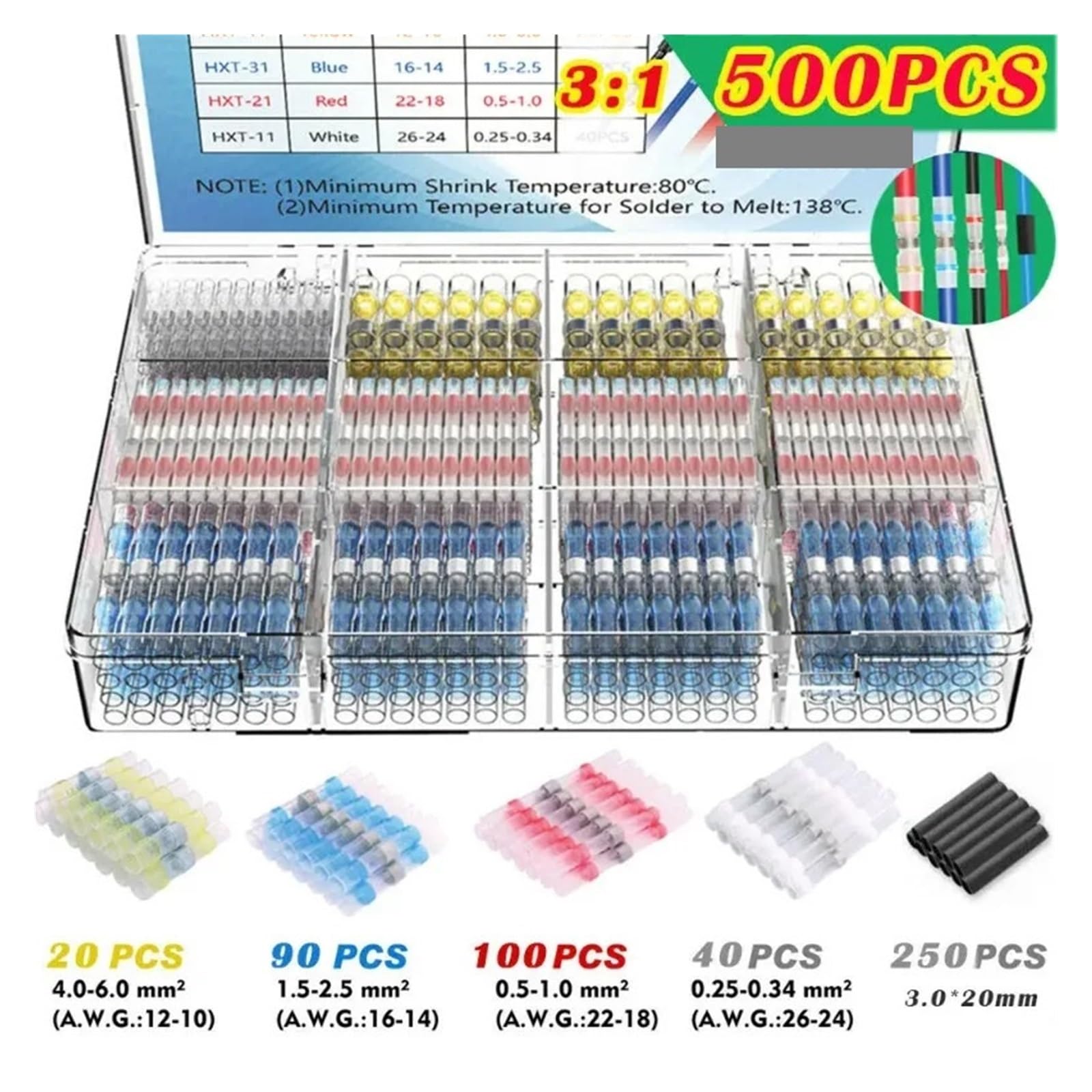 500pcs Solder Seal Wire Connectors Heat Shrink kit Insulated Butt Crimp Terminals Electrical Wire Cable Splice