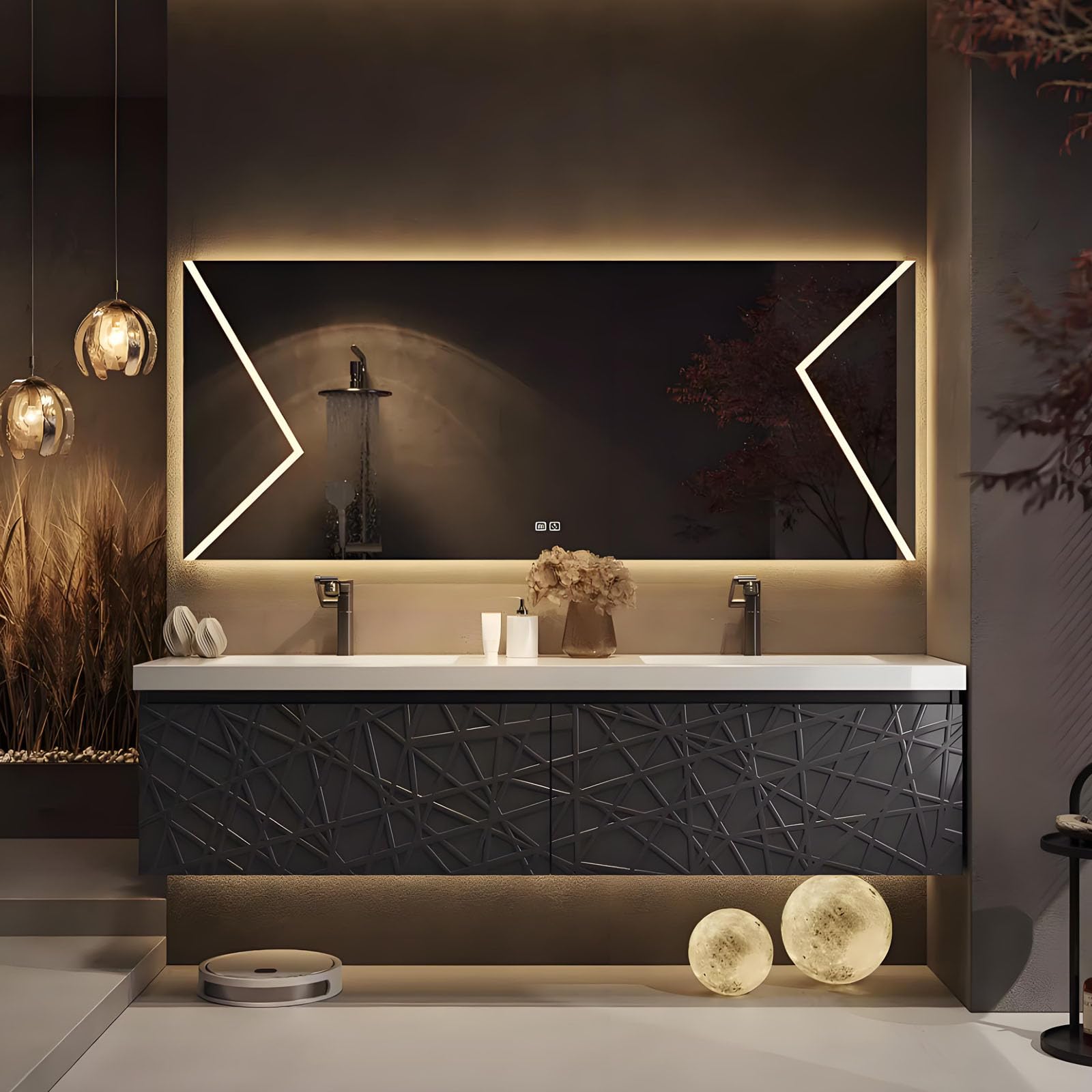 52IN Modern Bathroom Vanity - Floating Bathroom Vanity with Sink LED Smart Anti-Fog Wall-Mounted Smart Mirror Ample Storage