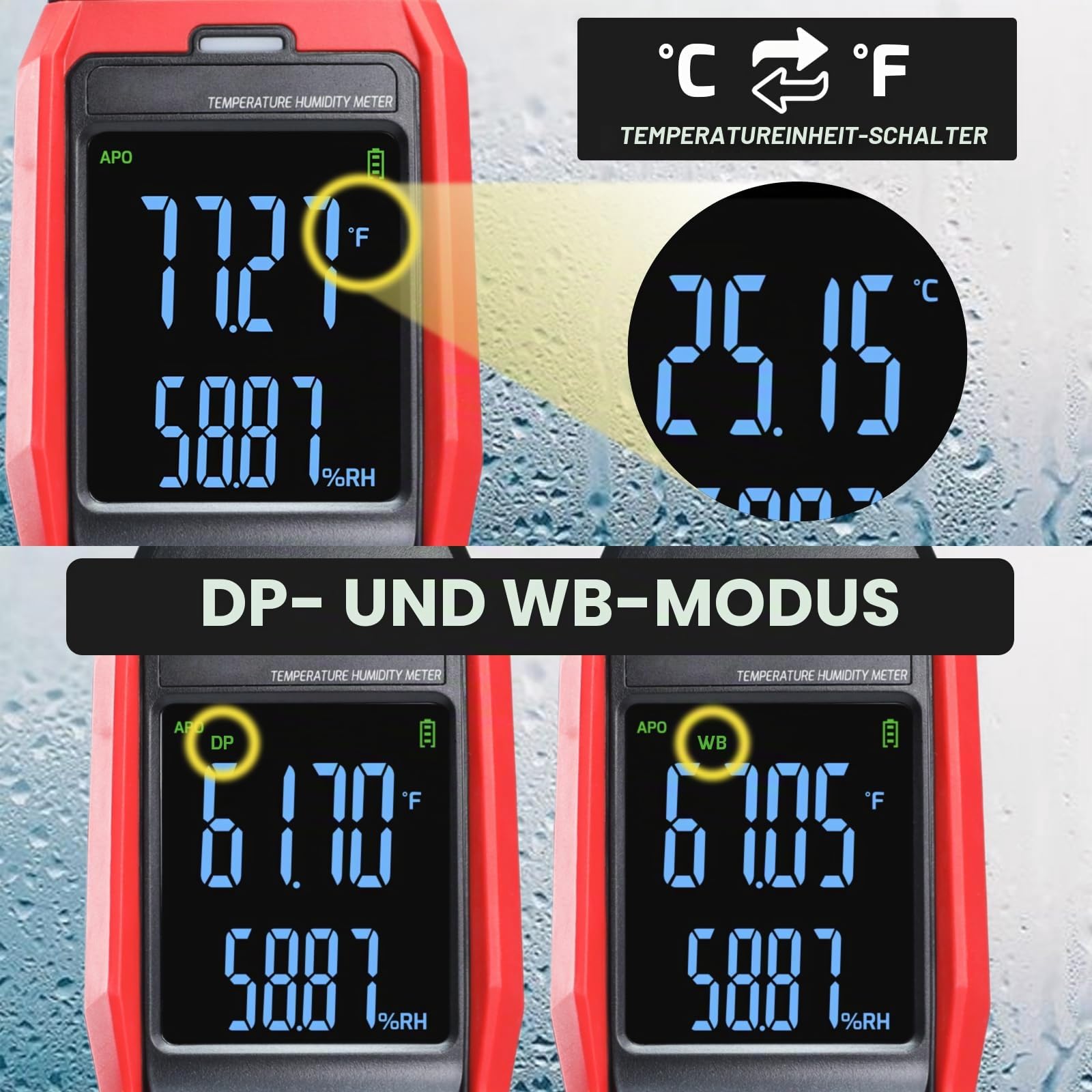 Luftfeuchtigkeits- und Temperaturdatenlogger Digitales Psychrometer HVAC, Feuchtkugel-Thermometer, 4000 Daten speicherbar & exportierbar, großer LCD mit Alarm
