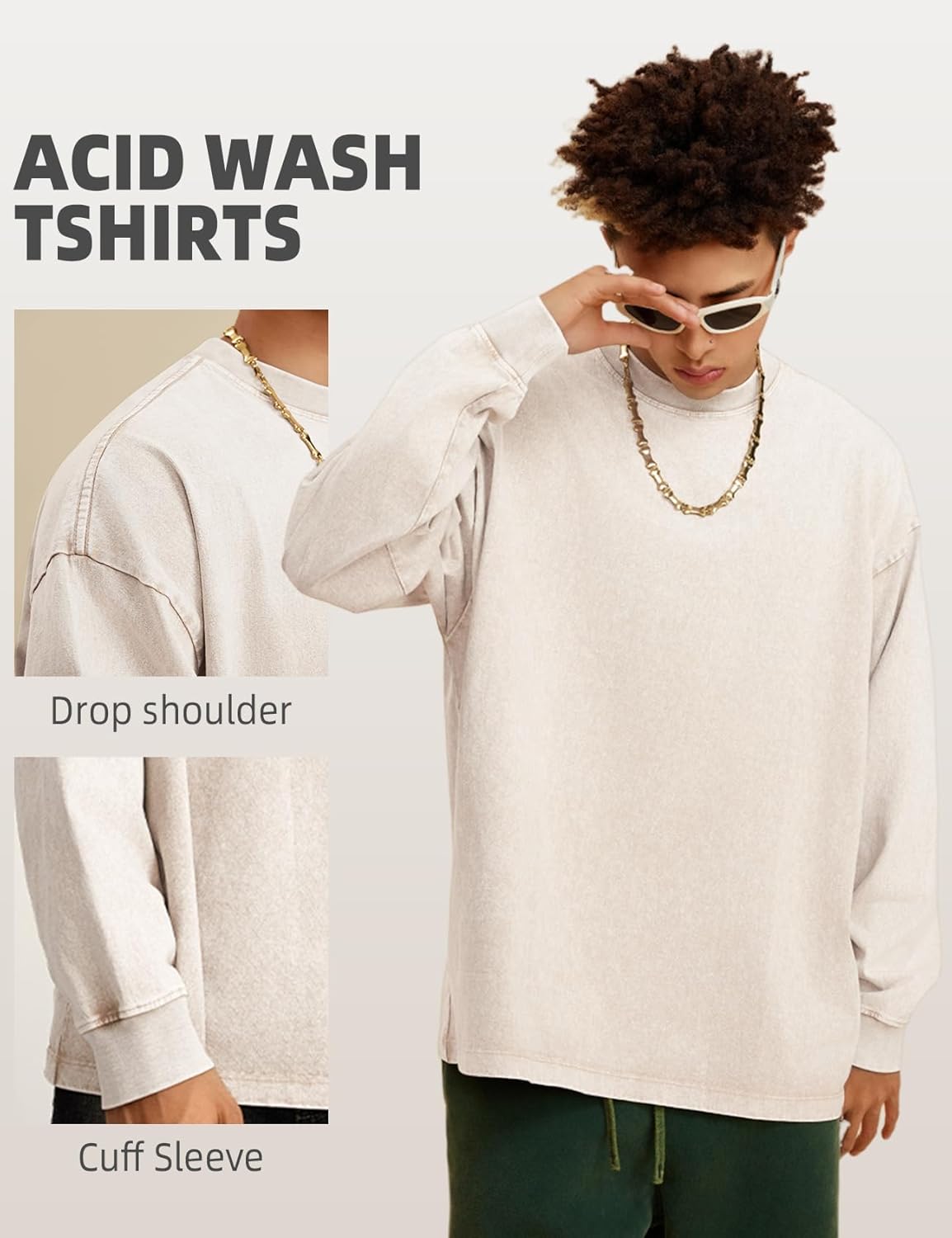 Arssm Mens Oversized T-Shirts Cotton Long Sleeve Tshirts Vintage Acid Wash Baggy Tees - Image 3