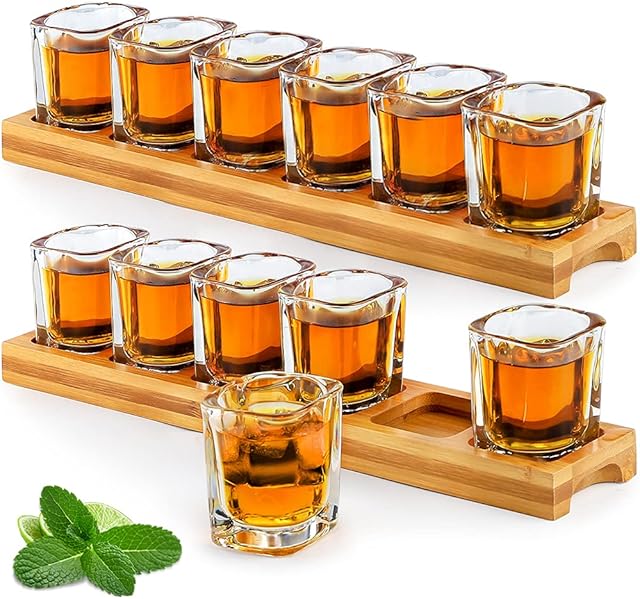 Shot Glasses Set Bulk 60ml/2oz Cocktail Holder 2 Packs and 12pcs Shot Glasses Drinks Serving Board Organizer and Clear Crystal Glass for Liquor Shots Whisky Brandy Vodka Rum Home Party Bar