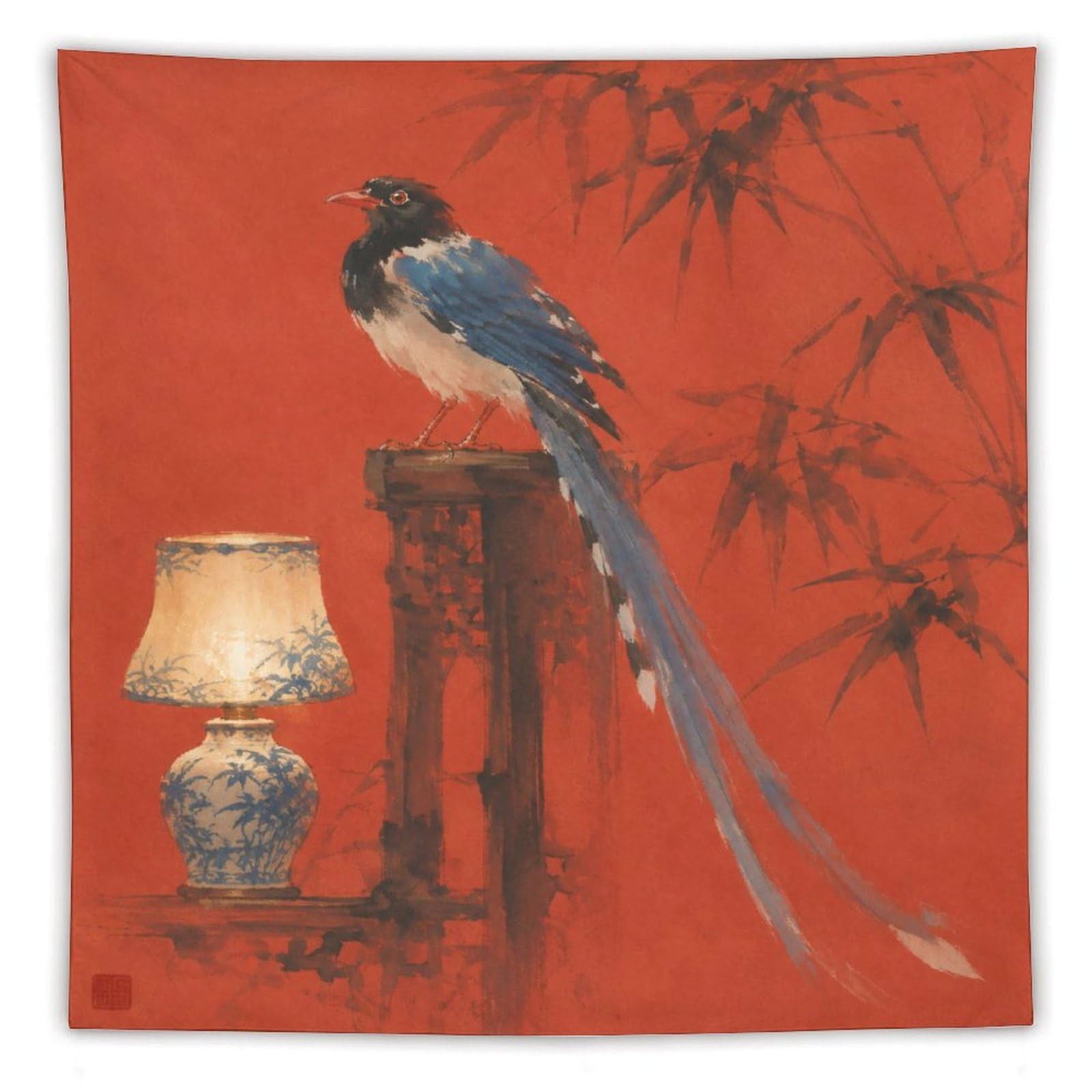 H3B8U2Y5 Blue Macaw on Lamp Wall Tapestry, Realistic Illustration, Bed
