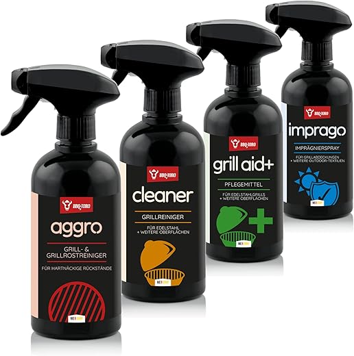 BBQ-Toro 4-teiliges Allrounder Pflege Set | Grill Reinigungsset und Pflege | Power-Reiniger Aggro, Grillreiniger Cleaner, Pflegespray Grill aid+, Imprägnierspray imprago |…