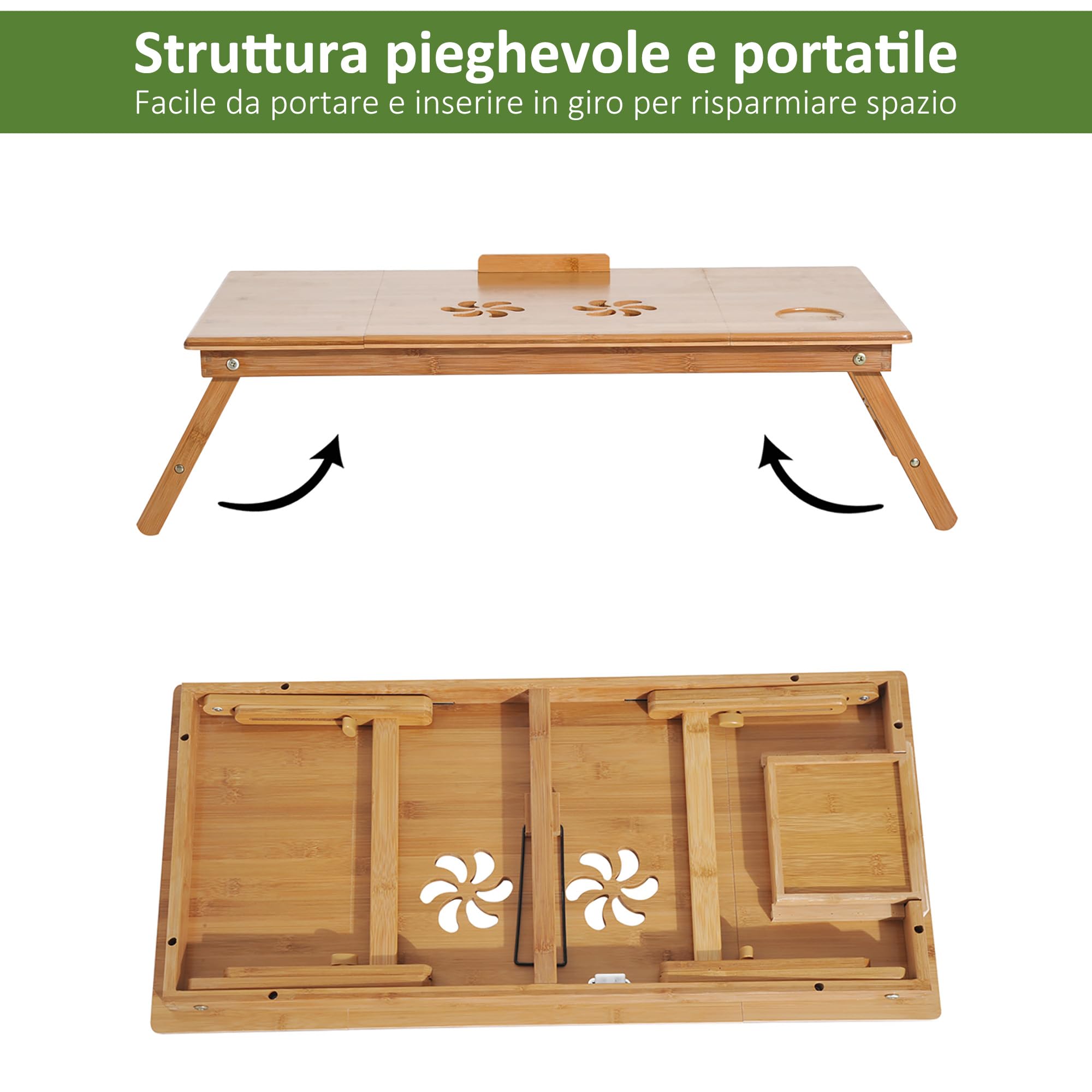 HOMCOM Tavolino da Colazione a Letto, Tavolino da Letto per PC Pieghevole, Supporto per PC da Camera, Regolabile, Inclinabile, Cassetto, Gambe Pieghevoli, 72x35x22-30, Colore Legno