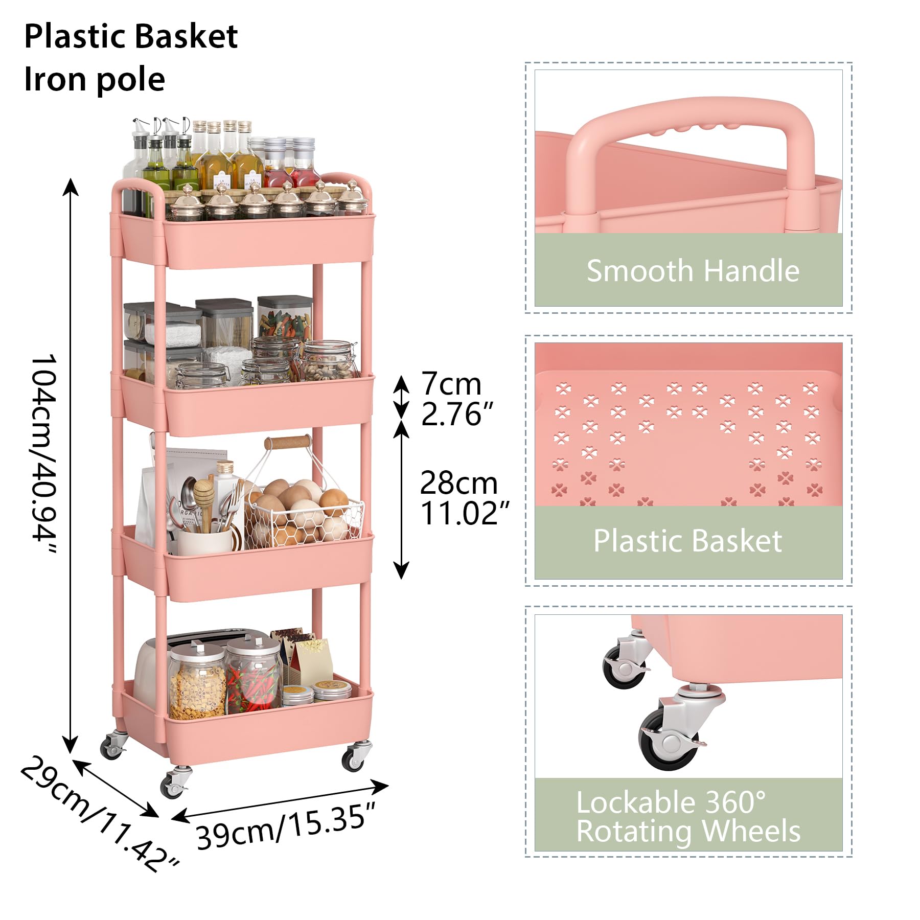 Sywhitta, Carrito utilitario de almacenamiento de plástico con 4 niveles con asa, multifuncional para oficina, sala de estar, cocina, organizador de almacenamiento móvil con ruedas, Rosa