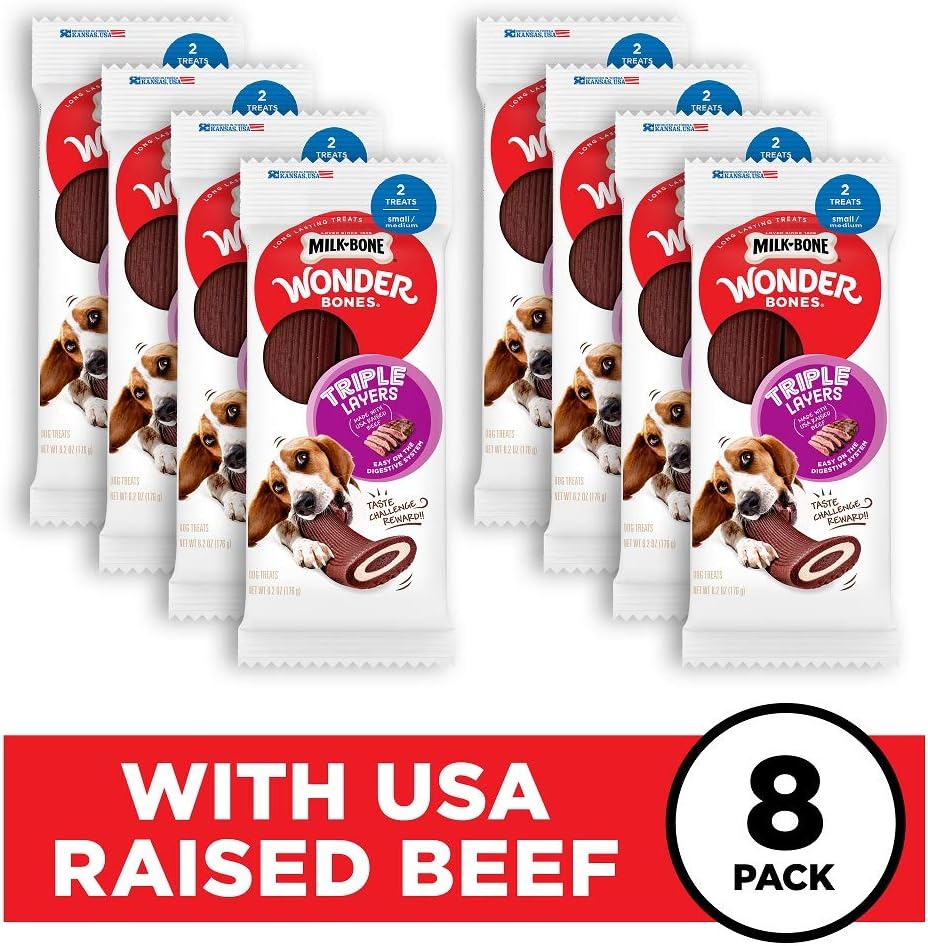 Milk-Bone Wonder Bones Long Lasting Dog Treats, Real Beef, 2 Small/Medium Triple Layers (Pack of 8)