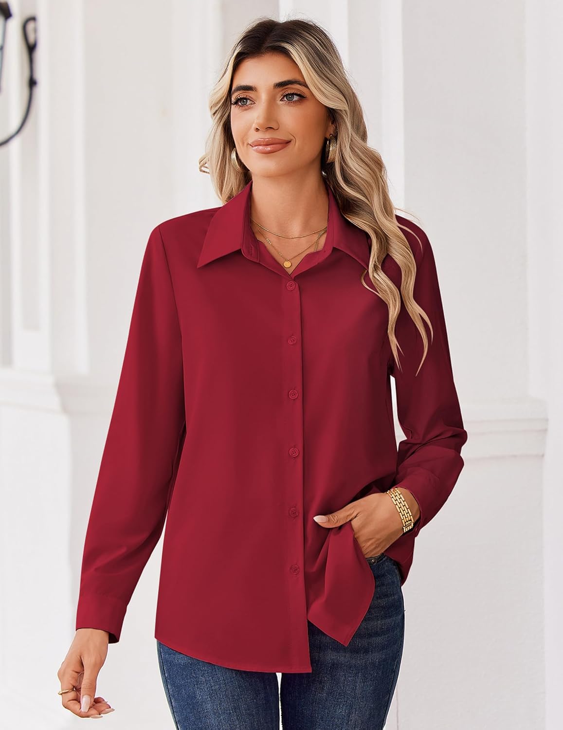 Zeagoo Blouse for Women Dressy Long Sleeve Button Down Shirts Business Casual Outfit Lightweight Solid/Printed Tops - Image 5