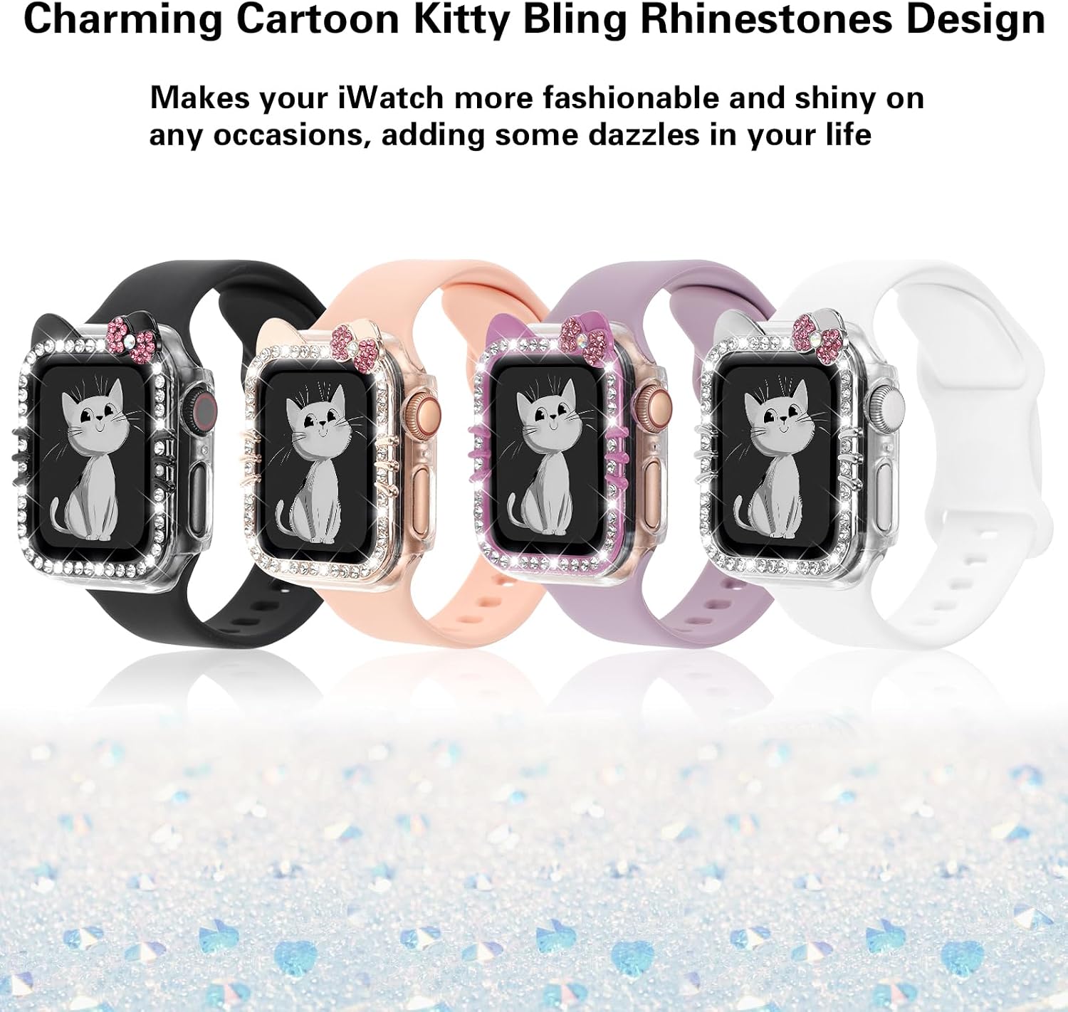 Cartoon Cat Case Compatible with Apple Watch Cover for iWatch Women | Series 11 10 46mm 42mm, Series 9 8 7 41mm 45mm, Series 6 5 4 SE 40mm 44mm, Bling, Cute, Protective, Clear, PC Frame