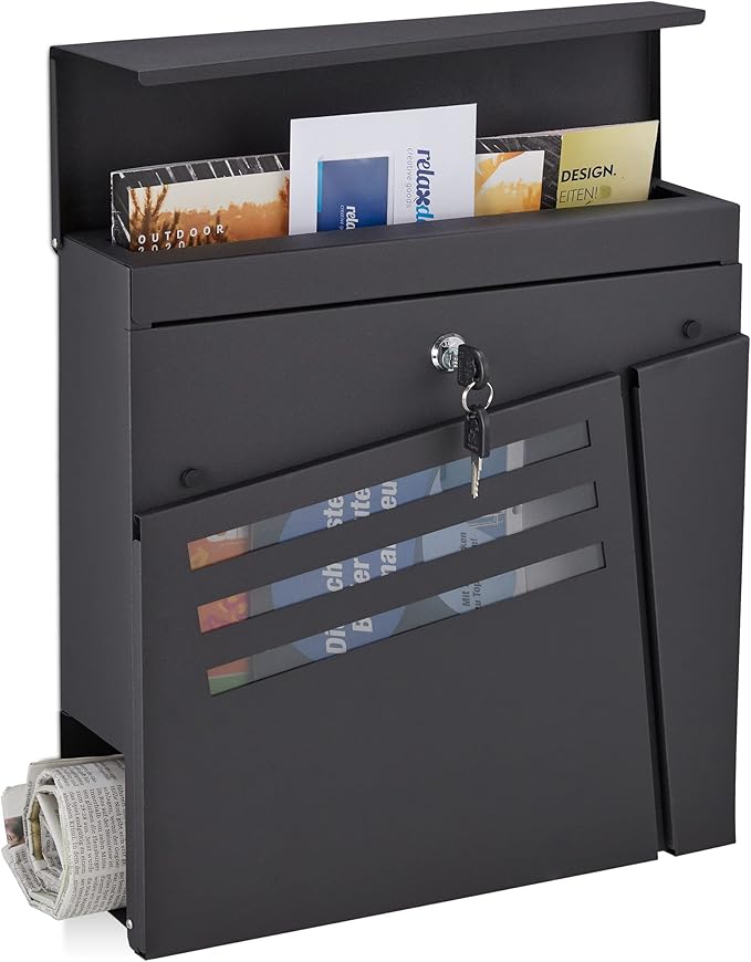 Relaxdays Briefkasten Anthrazit Mit Sichtfenster - Wandpostkasten 33x35x12cm Mit Namensschild