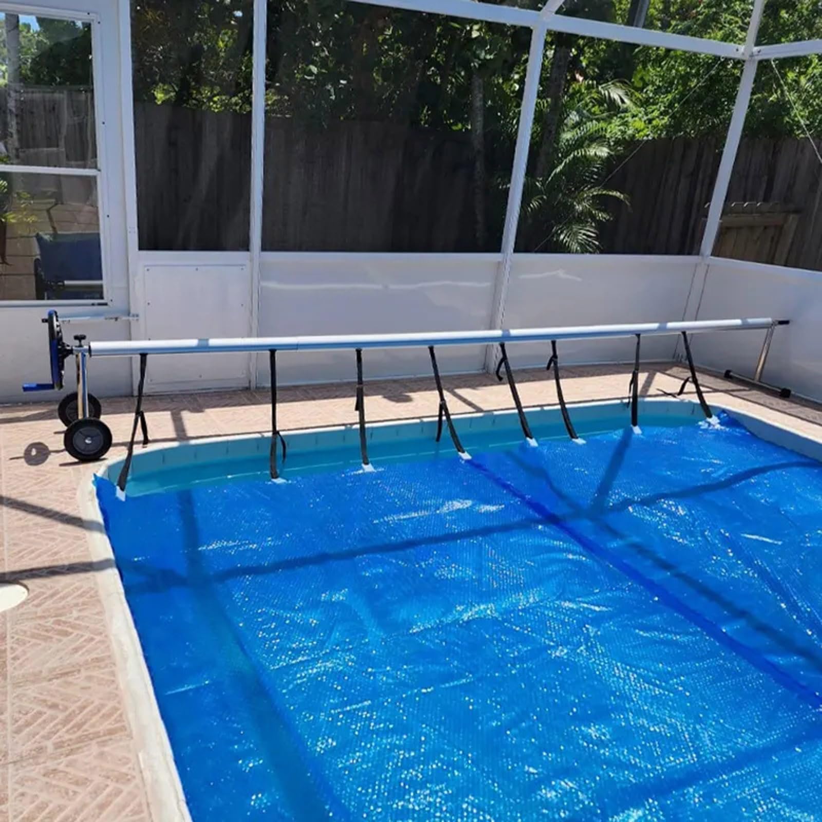 Carrete de cubierta de piscina, rodillo telescópico de aluminio con ruedas y manivela para piscinas enterradas, soporte de acero inoxidable
