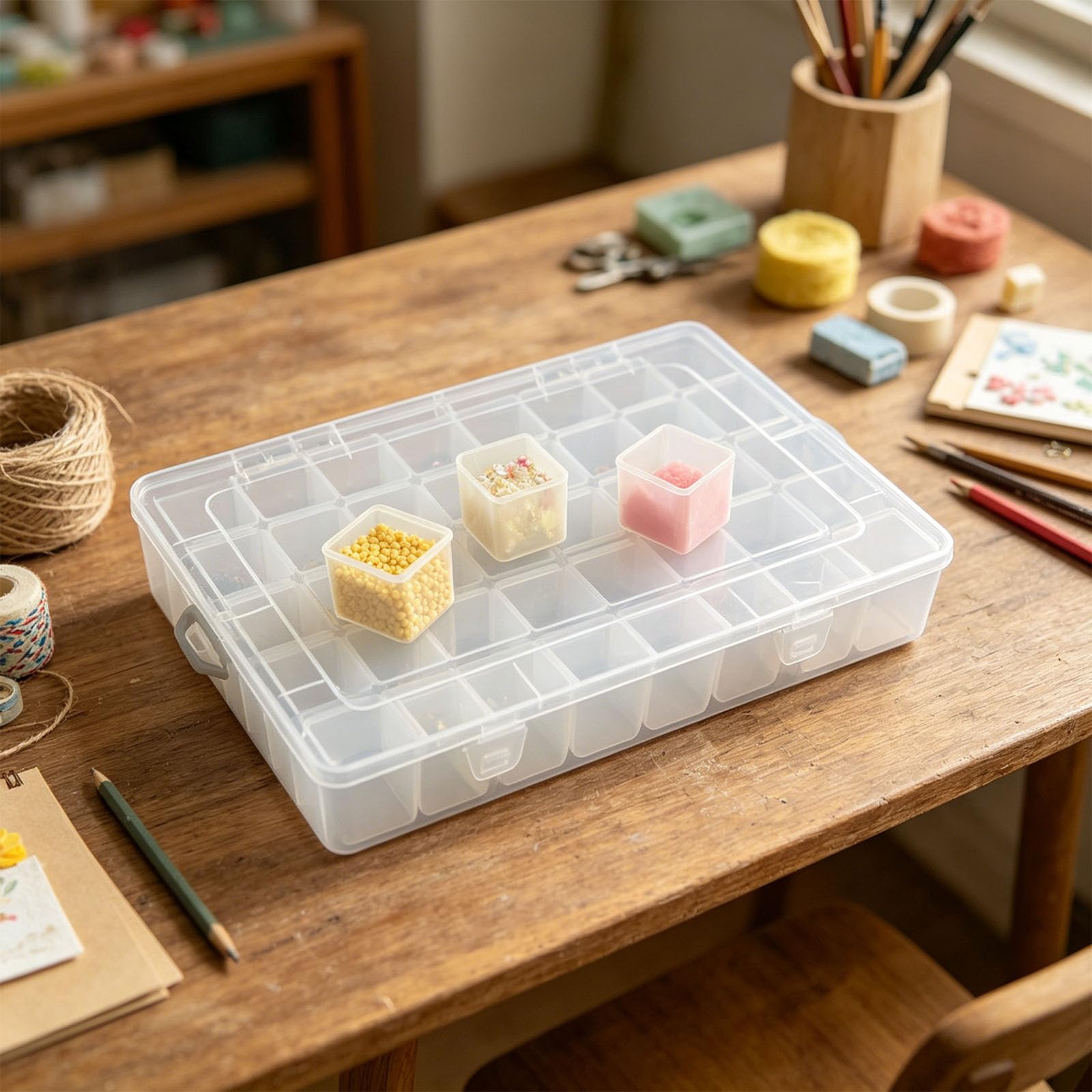 Aufbewahrungsbox für Kleinteile Haushalt, durchsichtige, Geteilte Kunststoffbox mit Deckel, transparenter Behälter für Schubladensortierung und Bastel Aufbewahrungskoffer