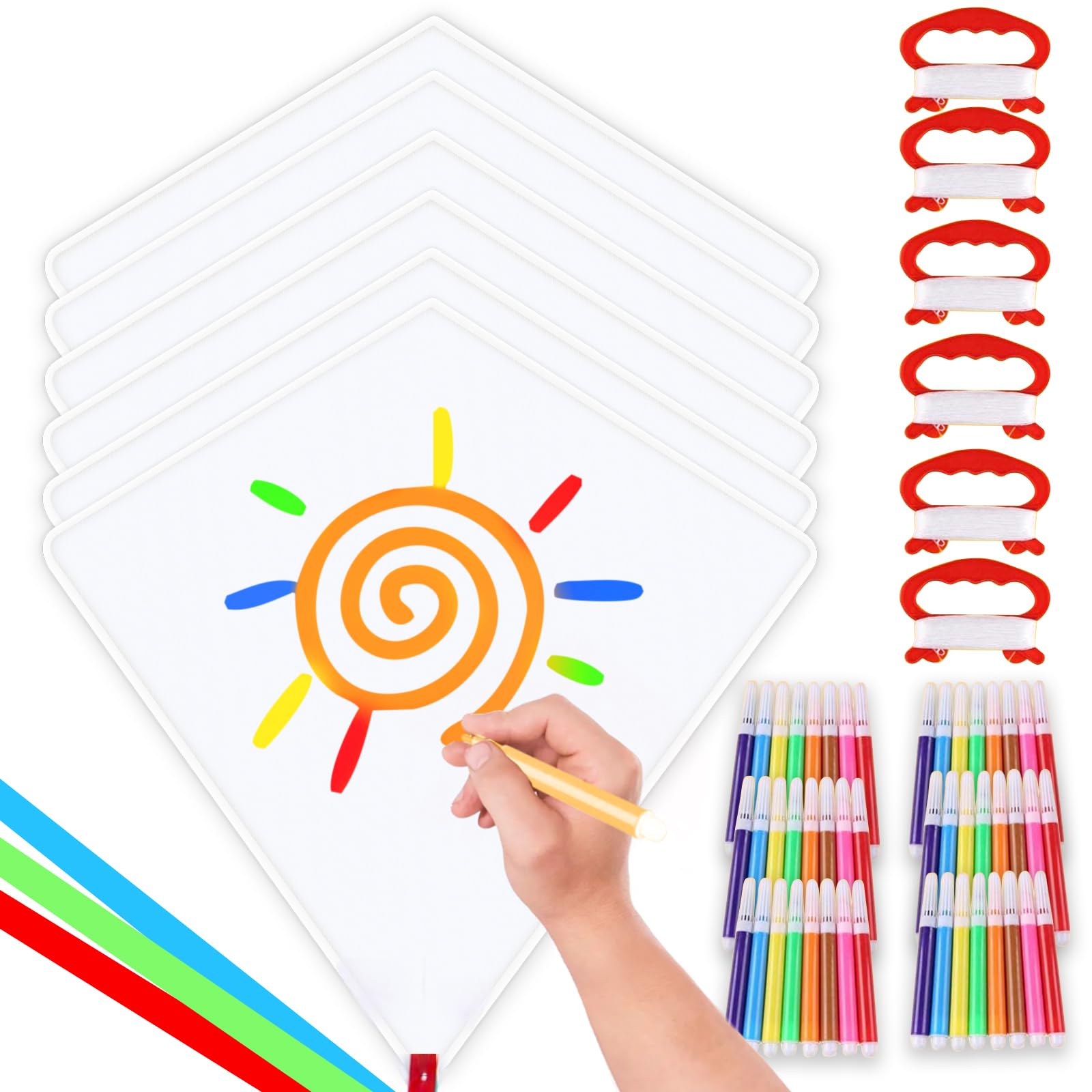 6 Pcs DIY Large Kite for Kids and Audlts,Easy to Fly Kites with Long Tail,Beach Park Toys for Outdoor Game & Activities(6 Kites+6 Handles+6 Color Markers)