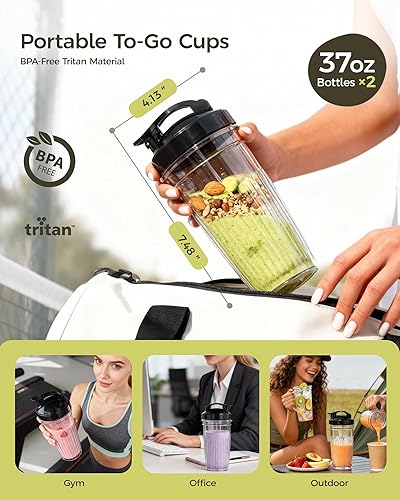 Miniatura 5 de iCucina Licuadora de batidos, licuadora personal de 1000 W para batidos y batidos con 2 tazas y tapas portátiles de 37 onzas, licuadoras de una sola