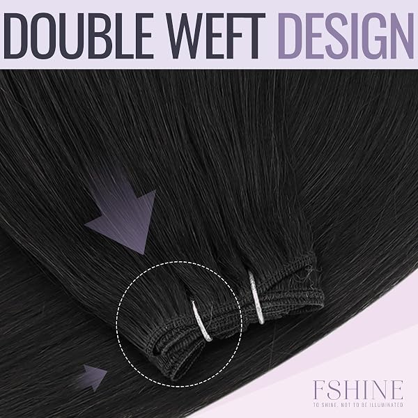 Fshine Weft Hair Extensions 24inch 100g Human Hair Extensions Double Weft Hair Jet Black Extensions Color 1 Hair Bundles Extensions Remy Hair Weave Extensions Straight Natural Hair Sew in Extensions - 3