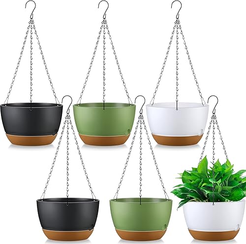 6 macetas colgantes de 9.7 pulgadas, macetas colgantes redondas de plástico para plantas de interior con agujeros de drenaje, bandejas extraíbles