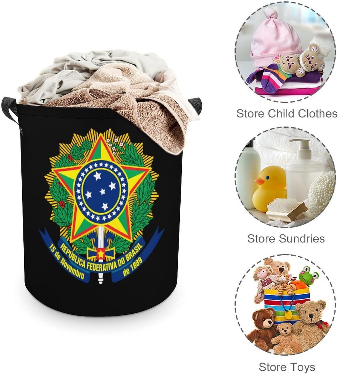 Coat of Arms of Brazil Novelty Collapsible Laundry Baskets Waterproof Clothes Hamper Storage Bins with Handles 13.8"x13.8"x17.3" 17.3"x17.3"x17.3"