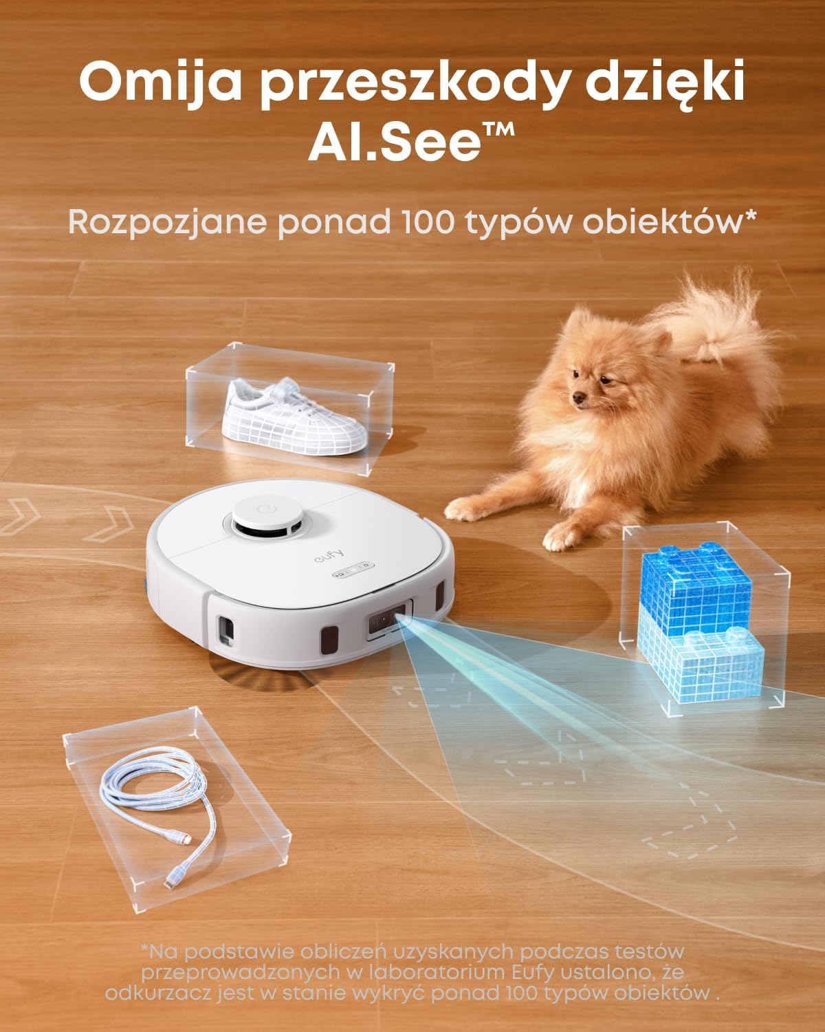 Eufy X10 Pro Omni omija różne przeszkody, takie jak buty, pies i kable