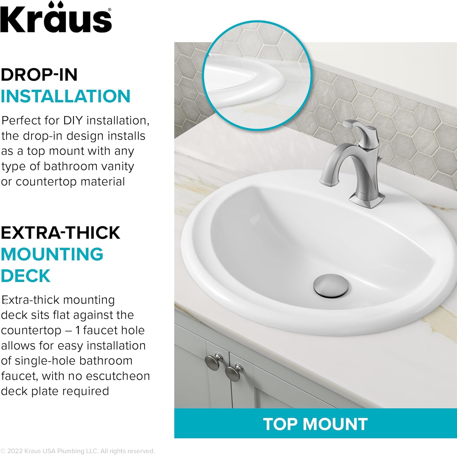 KRAUS Elavo 20.5 in. Oval Porcelain Ceramic Self-Rimming Drop In Bathroom Sink in White with Overflow Drain, KCT-100