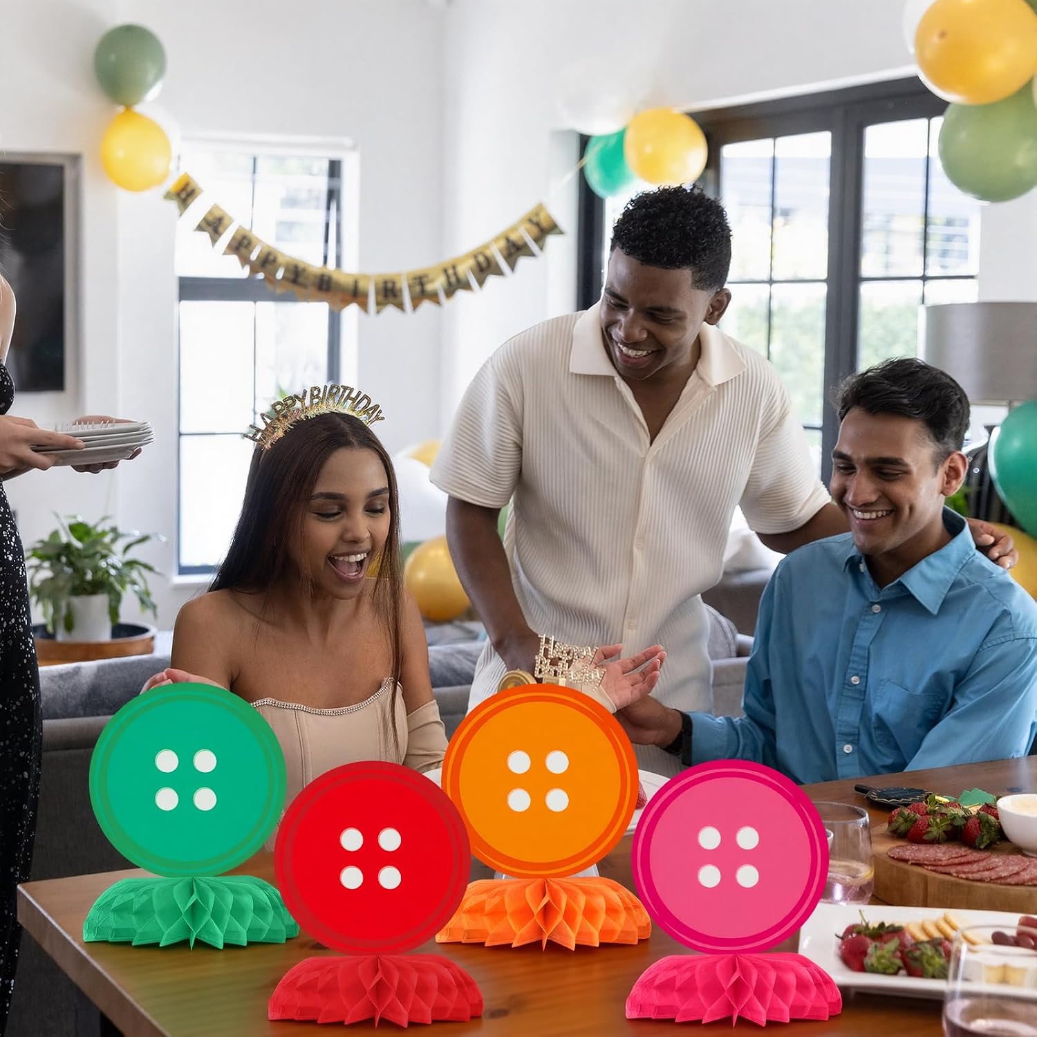8 Pieces Button Birthday Party Honeycomb Centerpieces Colorful Red Black Blue Green Pink Orange Yellow Purple Button Eye Table Centerpieces Decorations Sign for Kids Adults Party Supplies