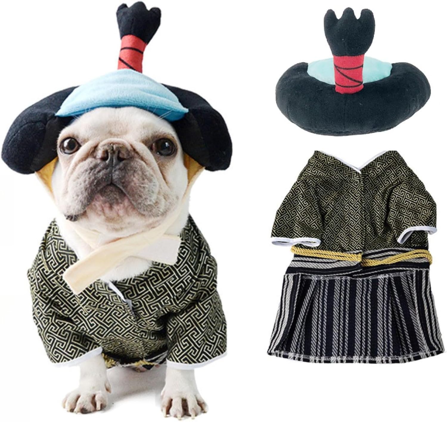 MANON ROSA Dog Costume Japanese Kimono Set - Pet Clothes & Headpiece for Small Medium Dogs, Cats - Halloween Cosplay Apparel & Japanese Theme Party Outfit (Red Samurai,L)