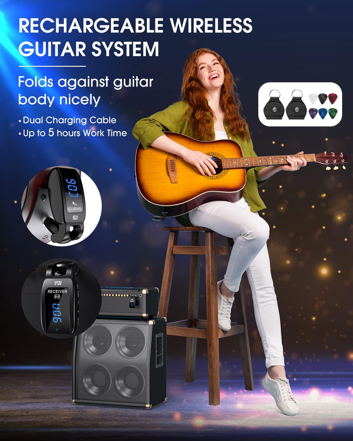 TTSTAR ISAIBELL Wireless Guitar System Instrument System Electric Guitar Transmitter Receiver Rechargeable Bass Accessories Digital Display Stereo Jack Audio Cable Adapter 15Set Frequency