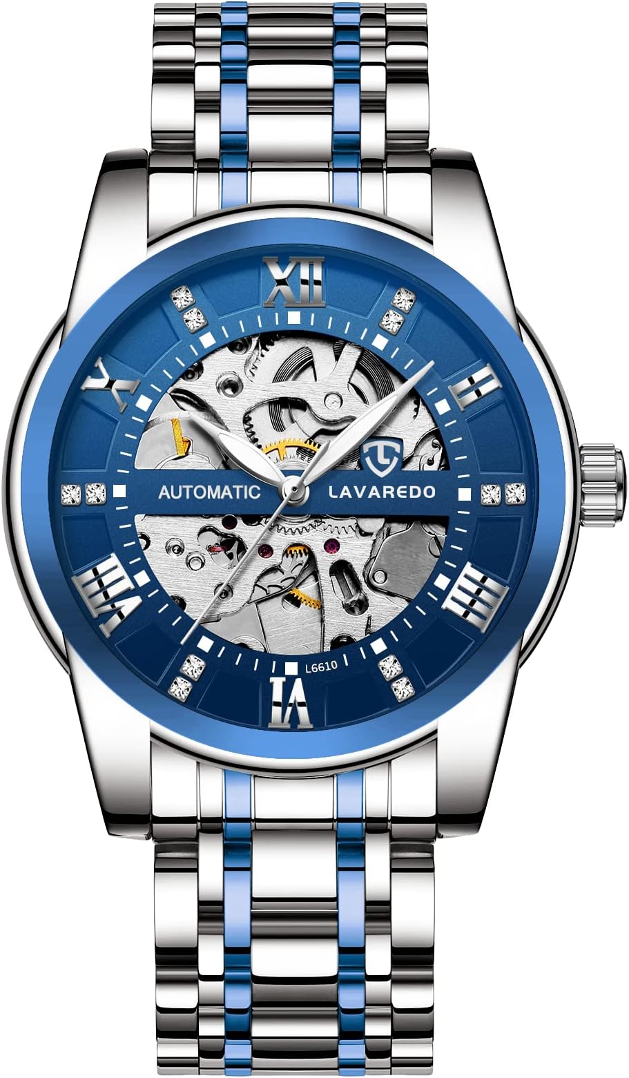 A ALPSMens Watch Skeleton Luxury Mechanical Stainless Steel Waterproof Black Automatic Self-Winding Roman Numerals Diamond Dial Wrist Watch