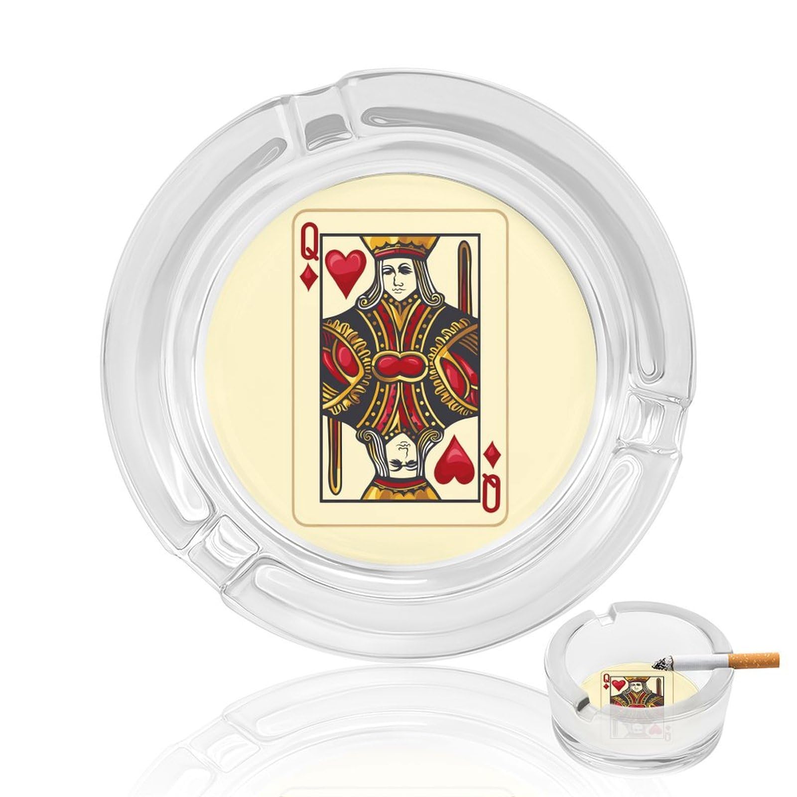 Smazdfxx As Pic Queen Of The Hearts Playing Card Poker Glass Smoking Ashtray Cigarettes Cigar Round Ash Tray Holder Case For Indoor Outdoor Use, Style