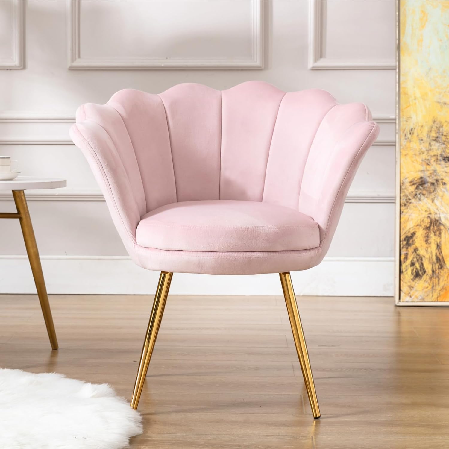 chairus Light Pink Makeup Vanity Chair with Back, Modern Velvet Upholstered Small Accent Chair with Gold Metal Legs, Cute Shell Shaped Vanity Stool Desk Chair for Living Room Bedroom Dressing Room