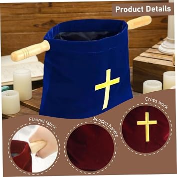 Yeory 2PCS Offering Baskets for Church, Embroidered Cross Bible Bags with Wood Handles, Flannel Church Bags for Churches Communion Supplies Blue, Bag