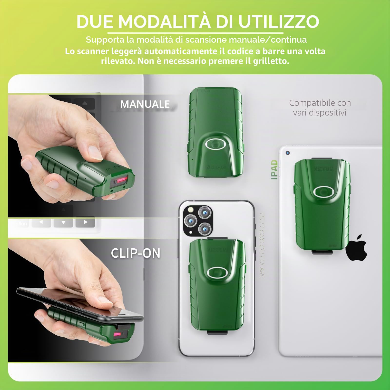 NETUM Scanner Barcode 1D Bluetooth, Lettore CCD 3-in-1 Portatile con Clip Posteriore, Wireless, Compatibile Tablet iOS/Android/Windows/macOS per Magazzino e POS (E740)