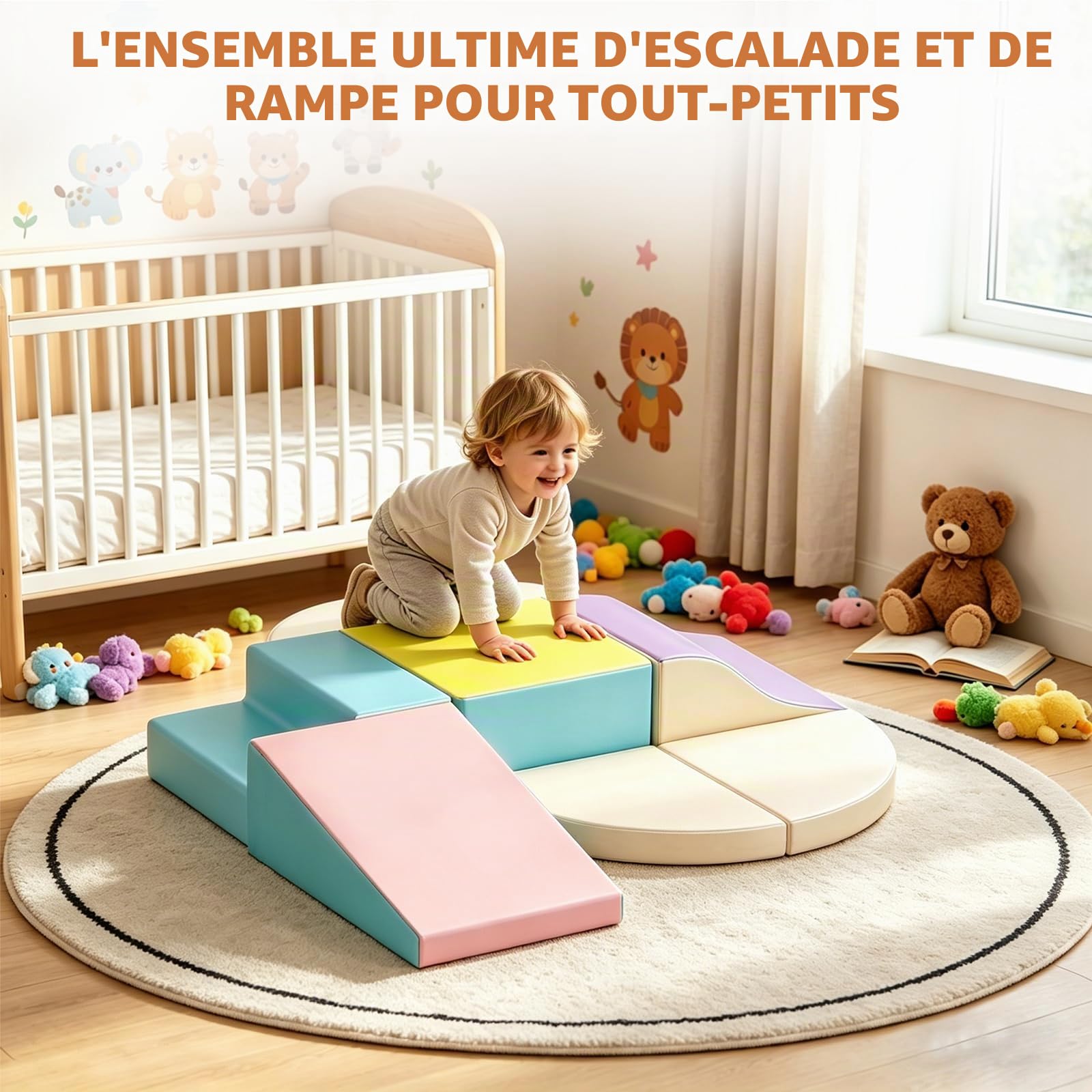 Parcours motricité bébé,6 Pièces Module Motricité Enfant Cuir PU Blocs Mousse Éducatifs - EPE Jouets Descalade Bébé Structure d'escalade Antidérapante (Macarons)