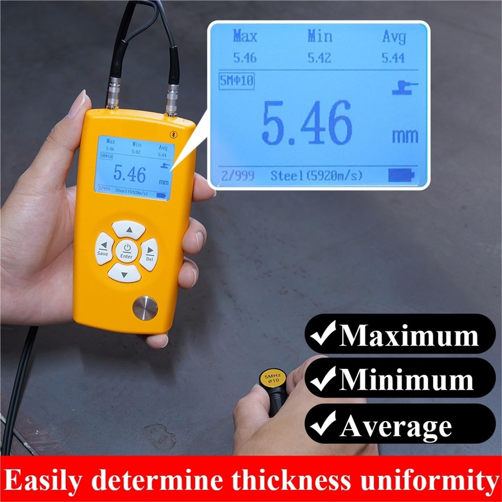 Medidor de espesor ultrasónico de plástico multisonda de fácil operación, alta precisión, aplicación Bluetooth, control de calidad que proporciona velocidad de sonido