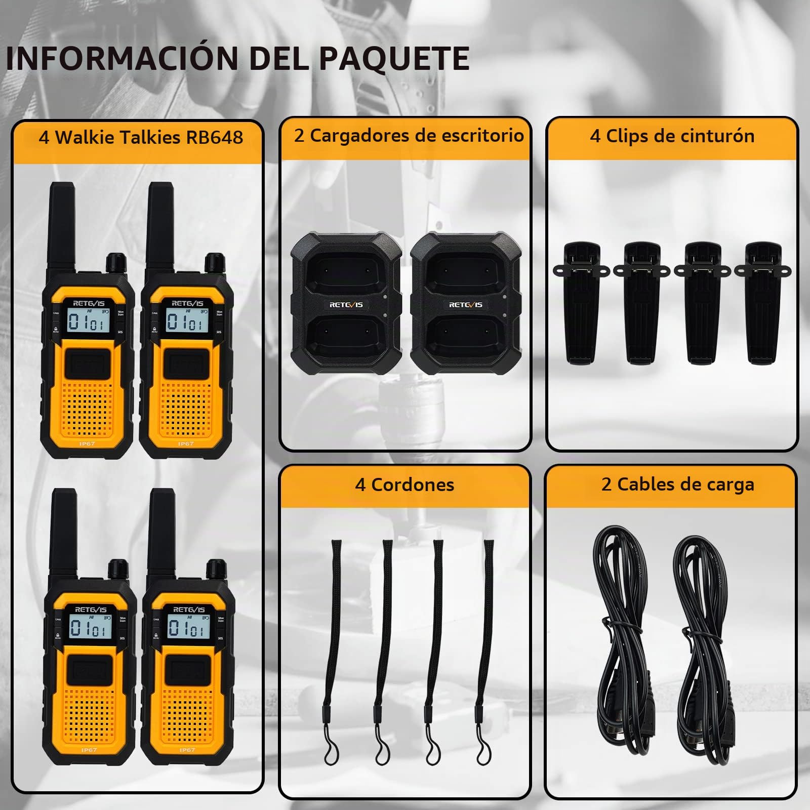 Retevis RB648 Walkie-Talkie Largo Alcance, Radio Bidireccional Profesional | MIL-STD-810H 19 Test,Resistente al Agua, Resistente a los Golpes, VOX, Walkies Recargable para Contratista (Paquete de 4)