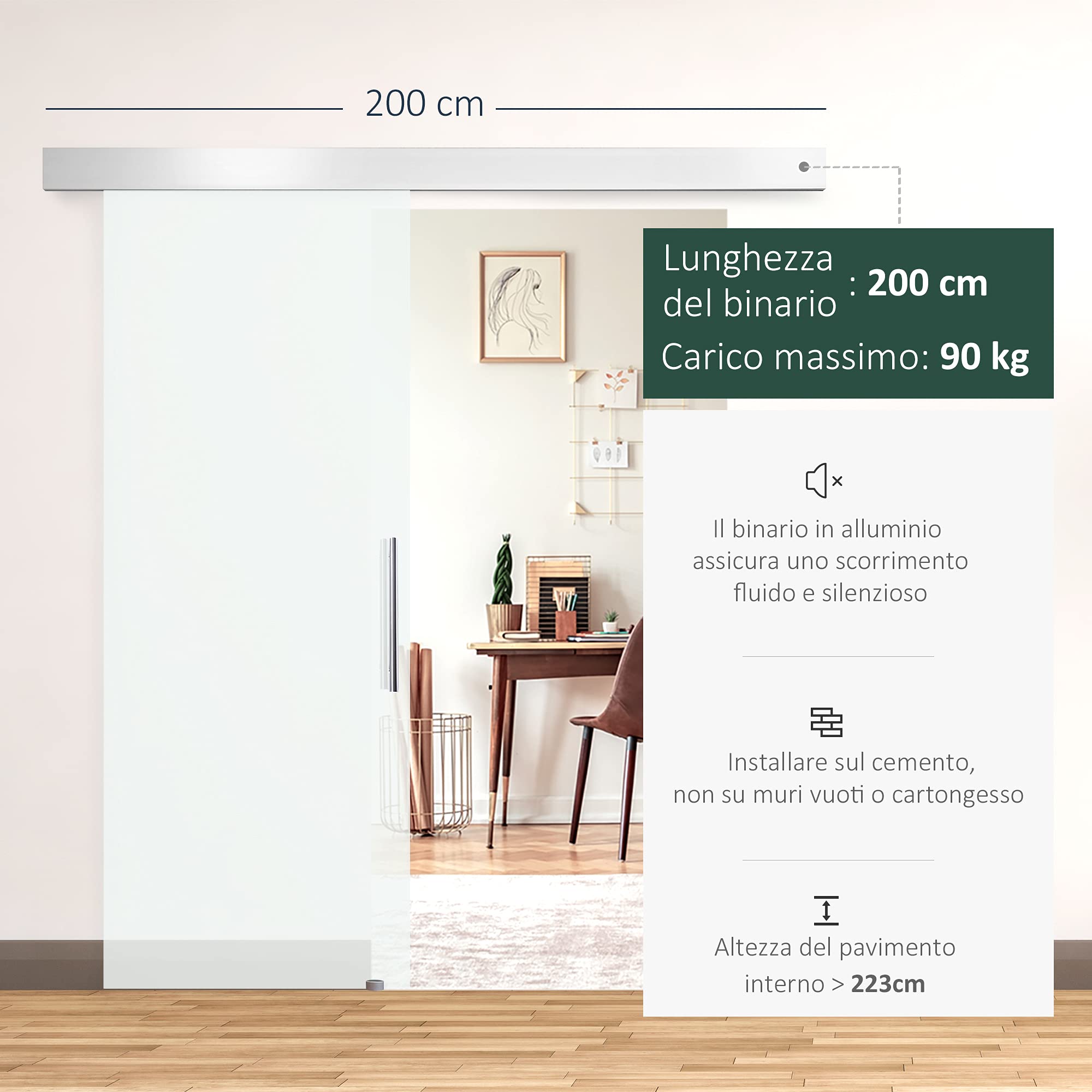 HOMCOM Porta Scorrevole in Vetro Trasparente con Binario e Maniglia in Alluminio per Bagno Cucina Studio 210x75x0.8cm