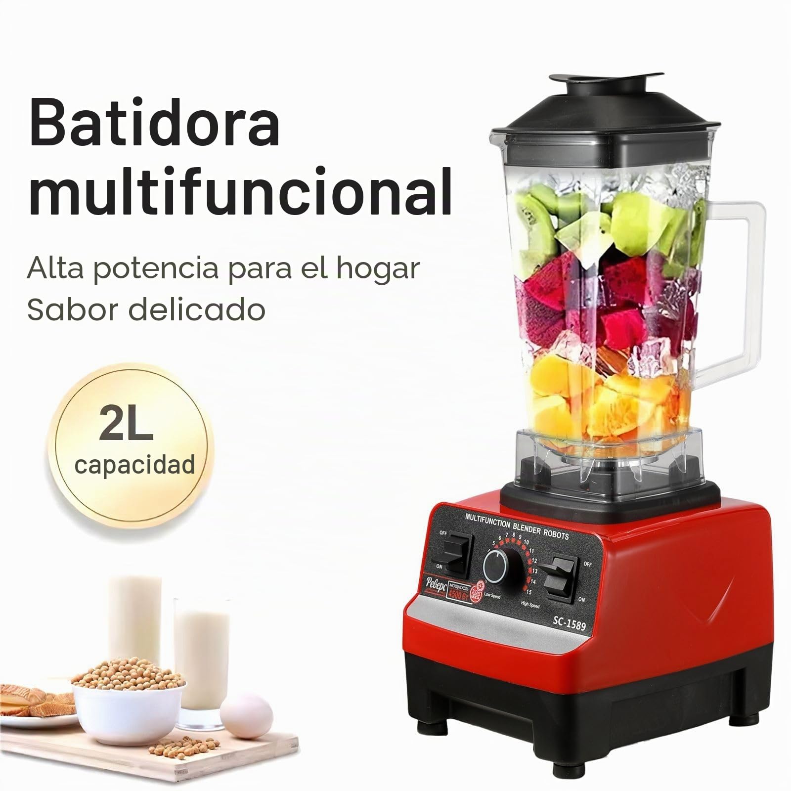 Batidora de Vaso de 2000W, 2 en 1Profesional Licuadora de 2L, Licuadoras Para Zumos y Batidos con 6 Velocidades, Cuchillas 4 Filos de acero inoxidable Blender,Función de Limpieza Automática