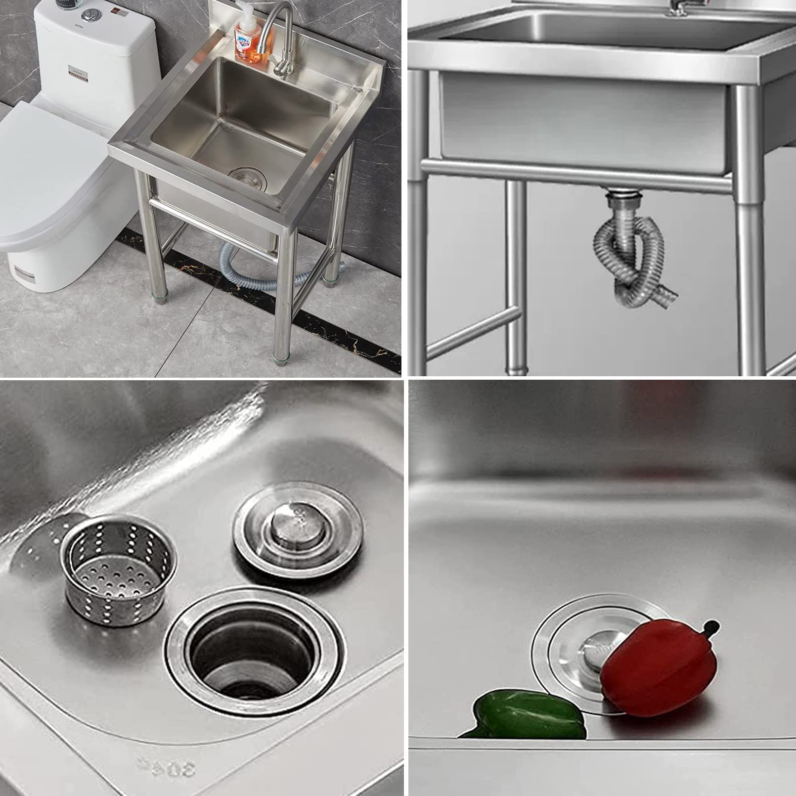 Gewerbliches Spülbecken für Küche und Garten, freistehend, Edelstahl-Set mit Armatur, zum Waschen von Wäsche im Hinterhof
