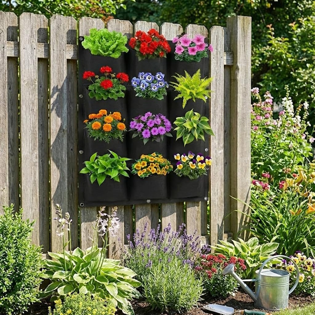 WFIST Vertical Hanging Planter Bag, Breathable Felt Wall Garden Planter with Metal Grommets, Indoor/Outdoor Space-Saving Herb & Flower Growing Pouch (12-Pocket)