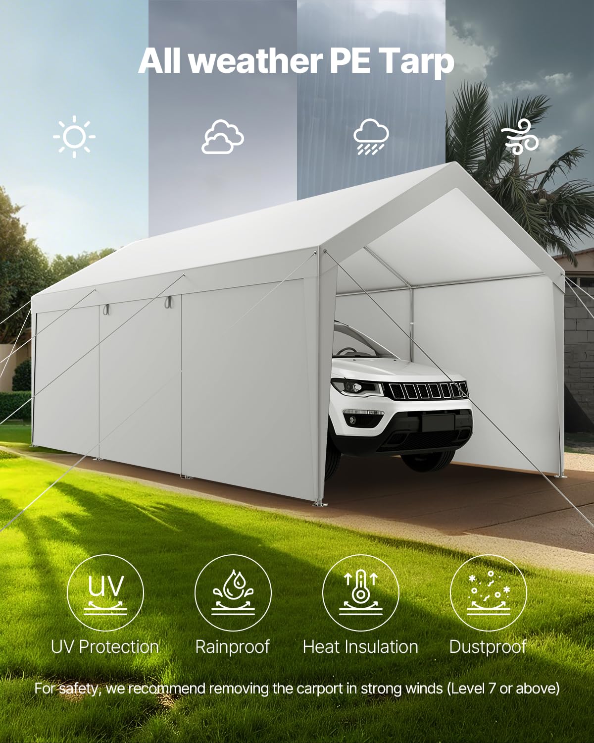 VEVOR Cochera 3,05 x 6,09 x 2,87 m, Cochera Potable con Paredes Laterales y Puerta Desmontables, Marquesina para Coches Resistente a los Rayos UV y al Agua, para Automóviles, Embarcaciones, Blanco