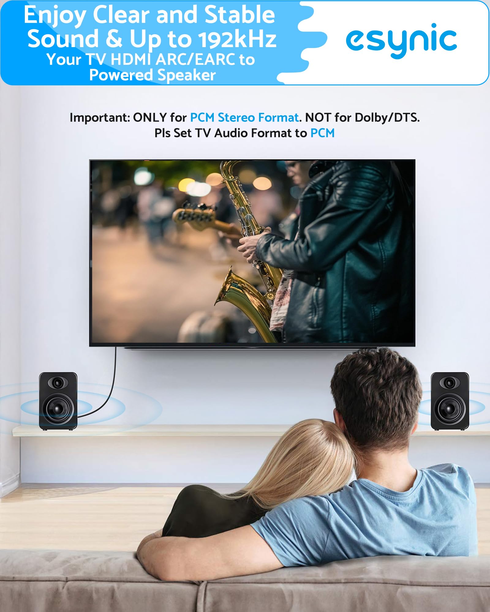 eSynic eARC/ARC na cinch kabel audio adapter HDMI do analogowego stereo L/R 192 kHz PCM CEC regulacja głośności, pilot TV do aktywnych głośników i wzmacniacza, tylko PCM Stereo