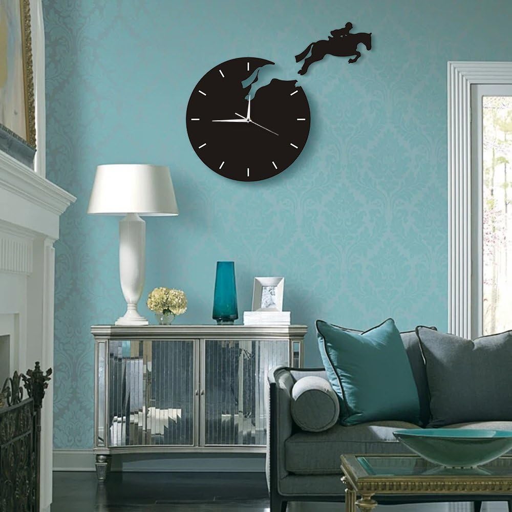 The Geeky Days Horseriding Wall Art Horseman Jumping from The Clock Rider on Horseback Jumping Horse Wall Clock Modern Design Hanging Wall Watch Equestrian Gift