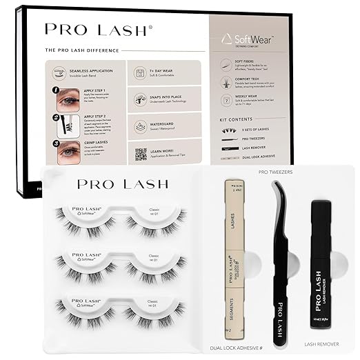 Pro Lash Softwear Starter Lash Clusters Kit - Seamless, Lightweight Lashes - 7-Day Eyelash Extensions - 3 Sets of False Eyelashes Plus Adhesive, Remover, Tweezers - Classic No. 01 Black