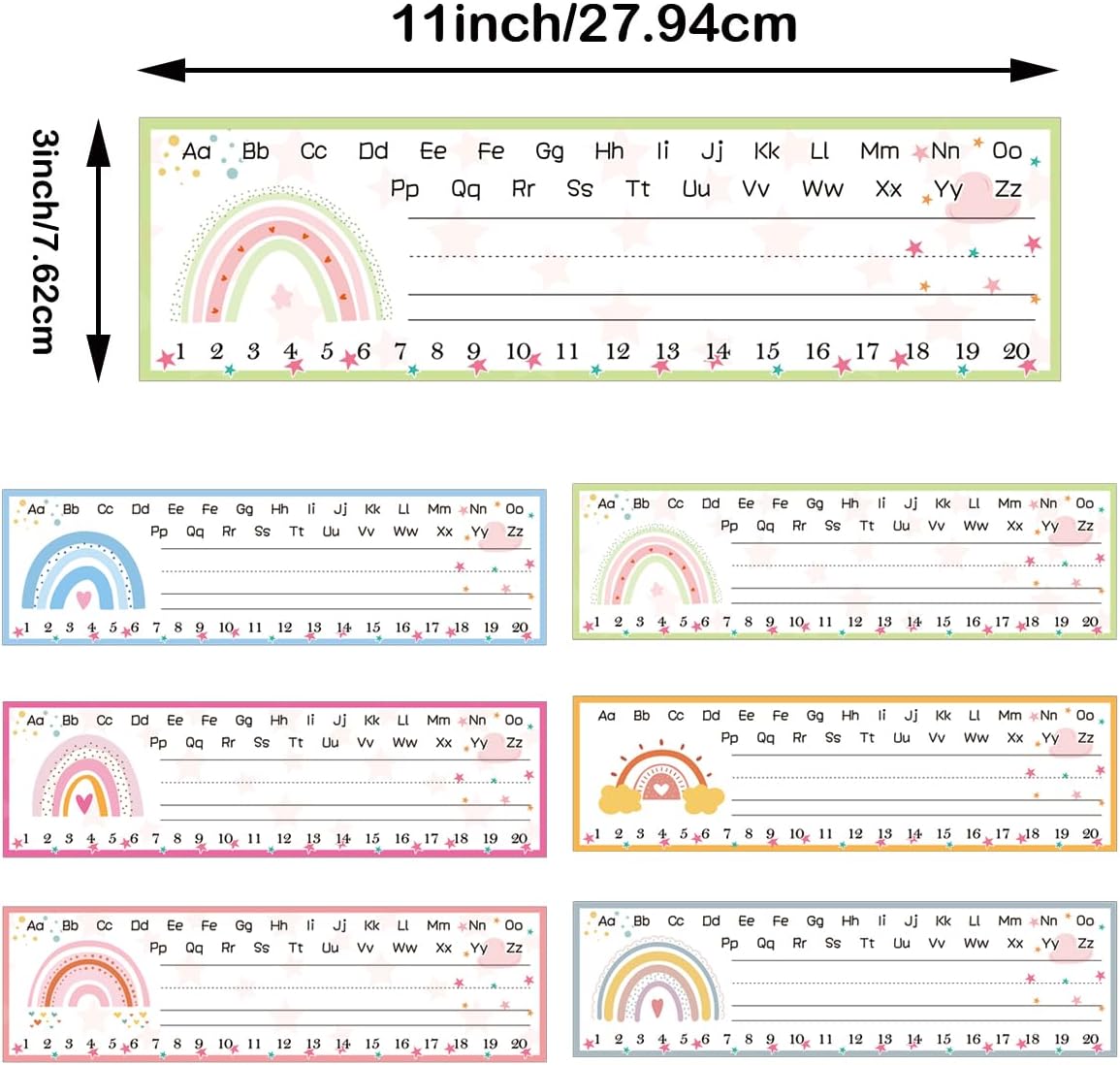 11.02 X 3.15 inch Rainbow Pattern Letters Number Lines Classroom Desk Toppers Nameplates Student Desk Name Tags 60Pcs Manuscript Name Plates Card for Classroom Bulletin Board (Rainbow Number)