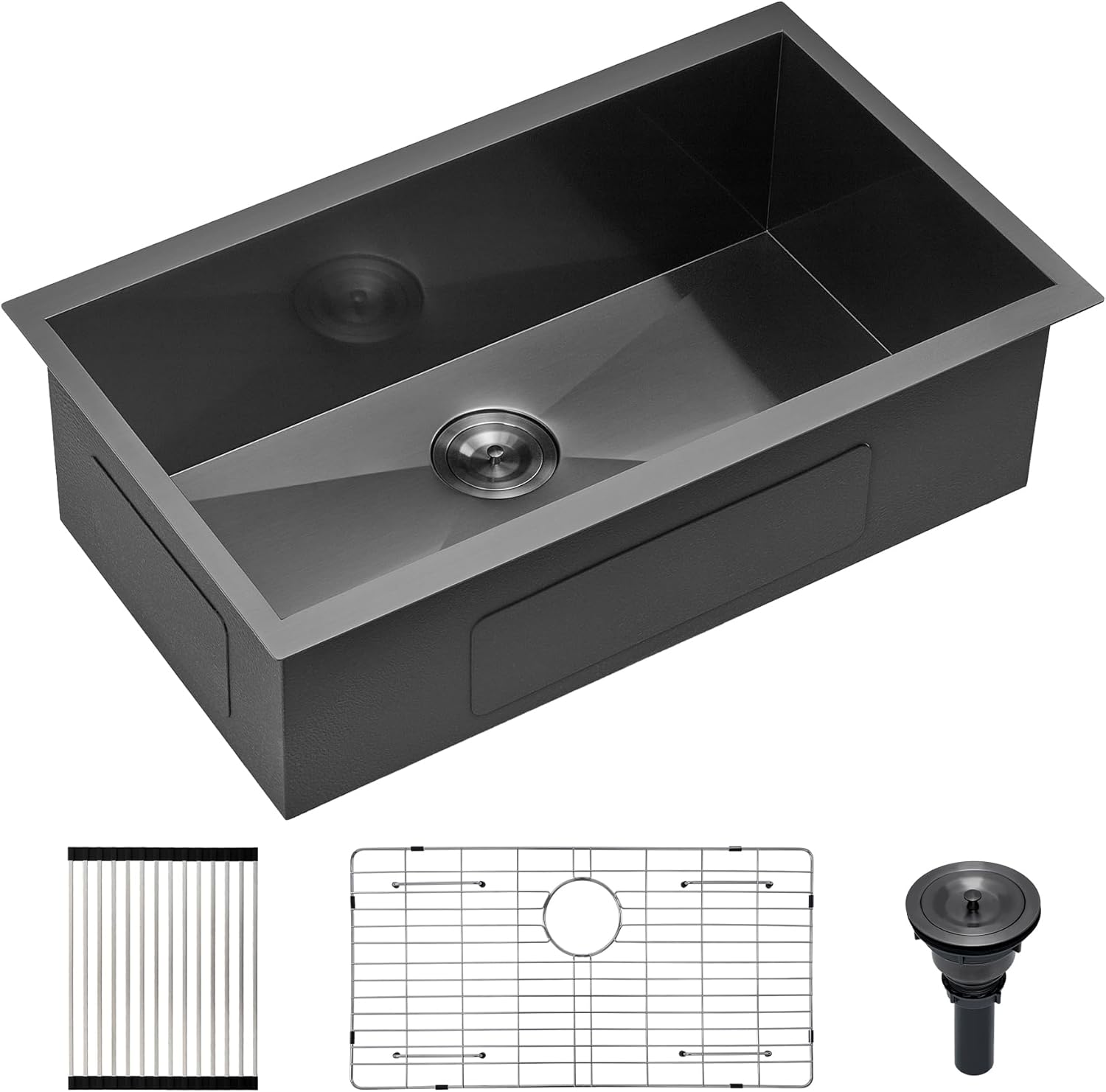 Scamall 32" Undermount Workstation Kitchen Sink | 16 Gauge Nano Black T304 Stainless Steel | 32x19x10 Deep Single Bowl for Bar, RV & Laundry with Colander & Roll-up Rack Set