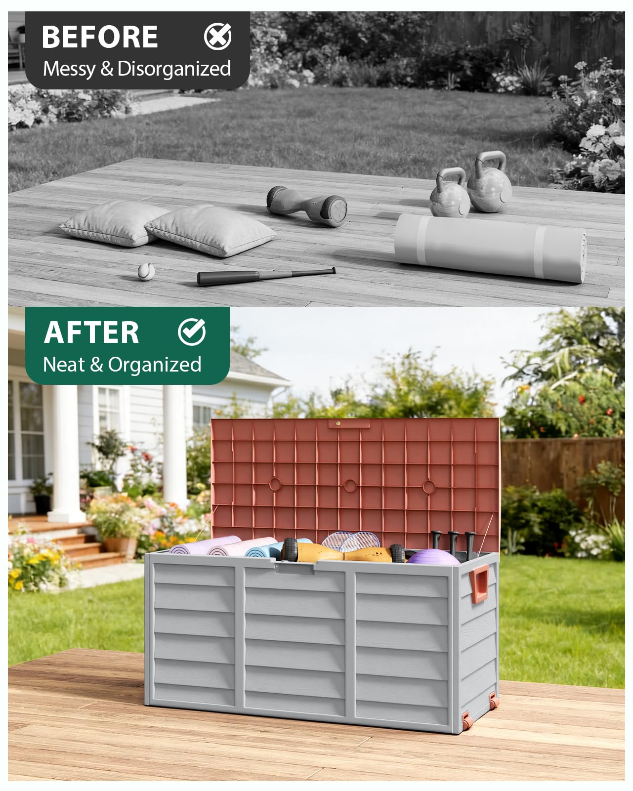 The Fellie Garden Storage Box with Wheels, 290L Lockable Garden Storage Boxes Waterproof, Plastic Outside Storage Box for Gardening Tools, Cushions, Toys, 112x49x54cm, Grey — view 4
